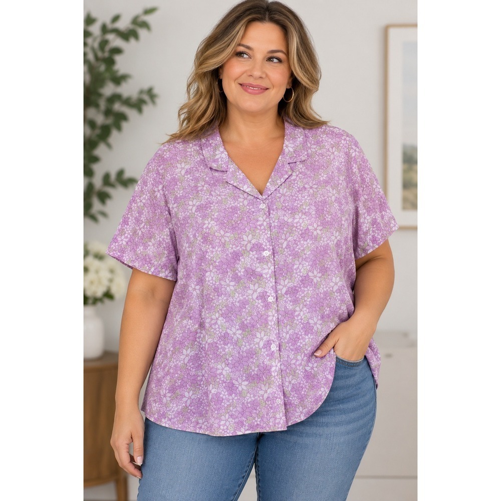 Blair Purple Floral Meadow Short Sleeve Button Up Blouse Top 2X Plus Cottagecore